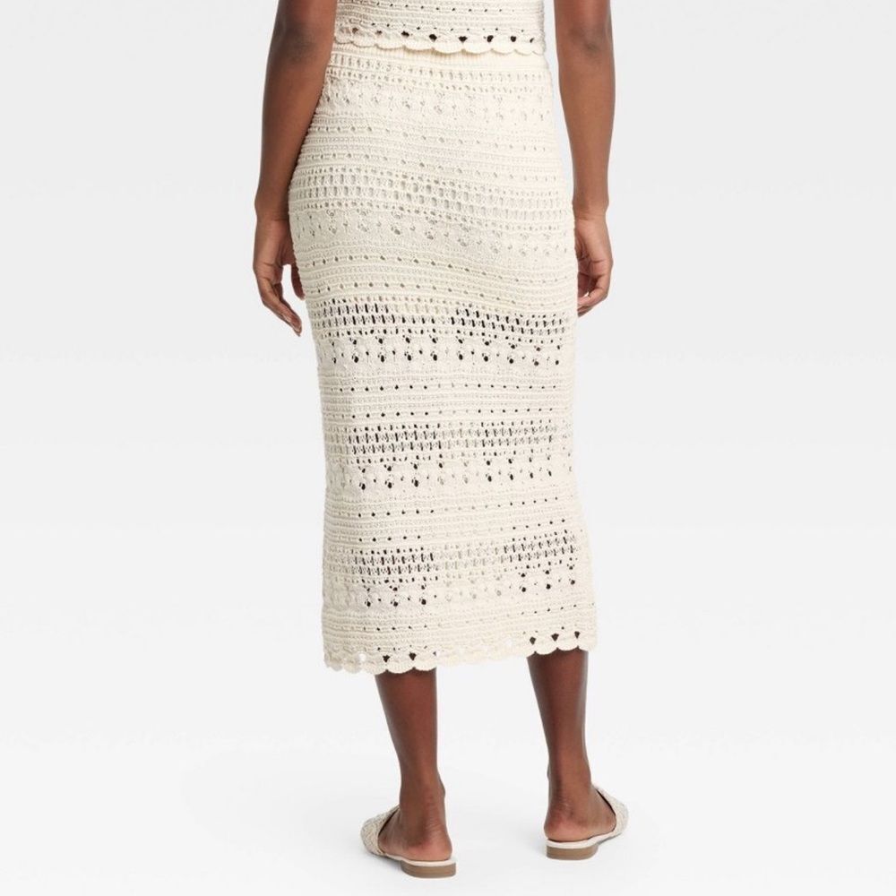 UT XL Cream Openwork Midi Sweater Crochet Knit Scalloped Drawstring Skirt - Picture 2 of 16
